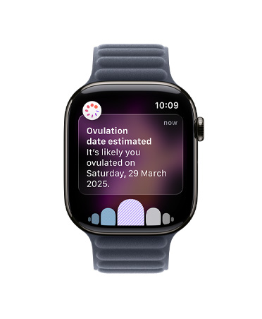 Apple Watch Series 11, slate colour, titanium case, ovulation date estimation notification from Cycle Tracking in Health app, Digital Crown, band, Magnetic Link, navy colour