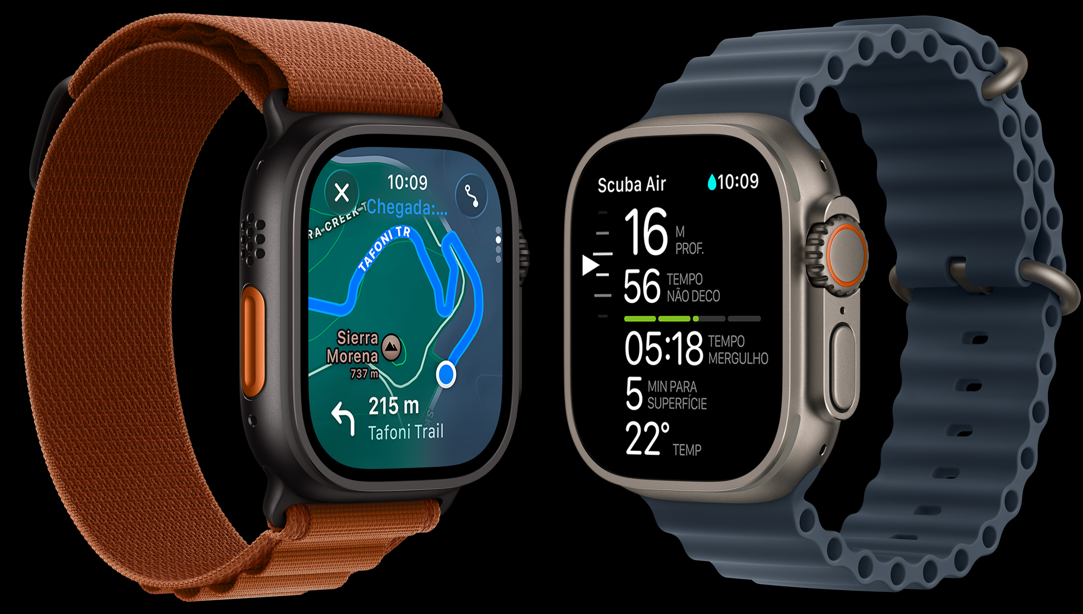 Aparelhos Apple Watch Ultra 3 com caixa de titânio, nas cores preta e natural, mostrando um mapa de trilha e métricas de mergulho