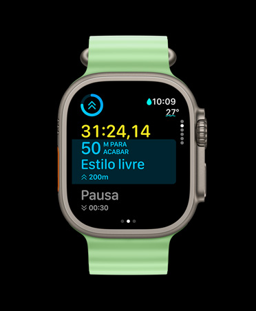 Apple Watch Ultra 3, caixa natural de titânio, app Exercício, cartão de treino personalizado, visualização de Seguintes, pulseira Oceano verde-néon