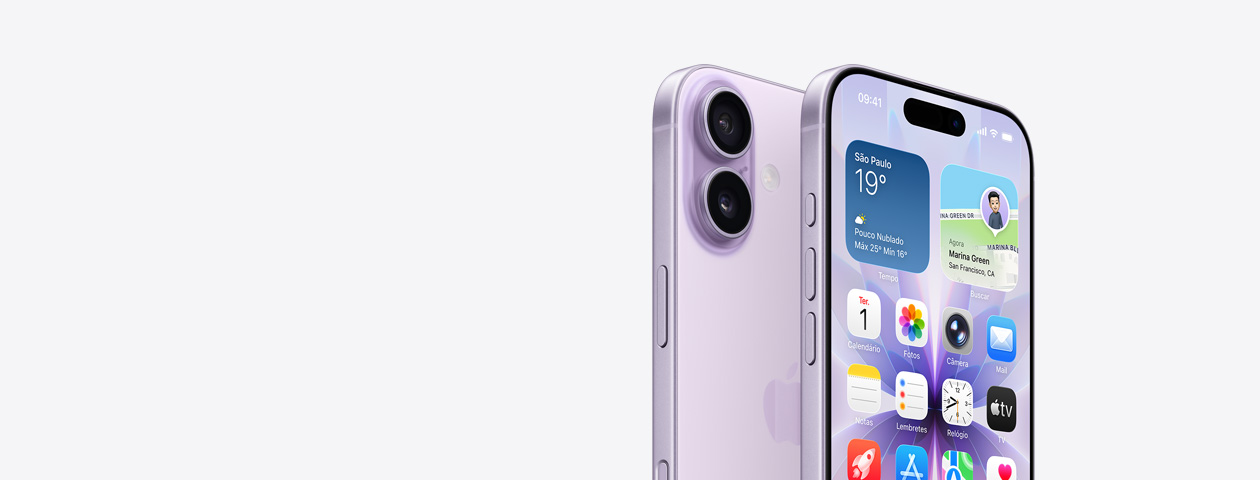 Imagem parcial da parte da frente do iPhone 17 na cor lavanda mostra a Tela de Início e a lateral com os botões de Ação e de volume. A imagem da parte de trás mostra o sistema de câmera dupla Fusion no canto superior esquerdo e o botão de controle da câmera
