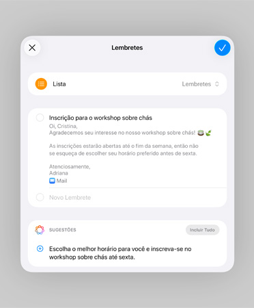 Lista no app Lembretes com lembretes inteligentes e tarefas sugeridas