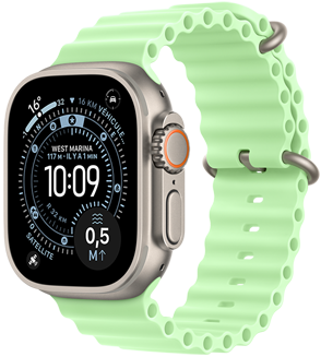 Apple Watch Ultra 3, naturel, boîtier en titane, cadran Orientation, complications : météo, emplacement du véhicule stationné, satellite, distance par rapport à la surface, côté droit, Digital Crown, microphone, bouton latéral, bracelet Océan, vert fluo