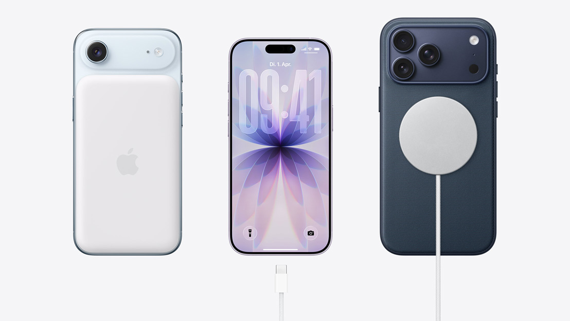 Nebeneinander angeordnet, die Rückseite eines iPhone Air mit angedockter MagSafe Batterie, die Vorderseite eines iPhone 17 mit All-Screen Design, ein USB-C Ladekabel nahe am Ladeanschluss, eine iPhone 17 Pro Rückseite mit angeschlossenem MagSafe Ladekabel