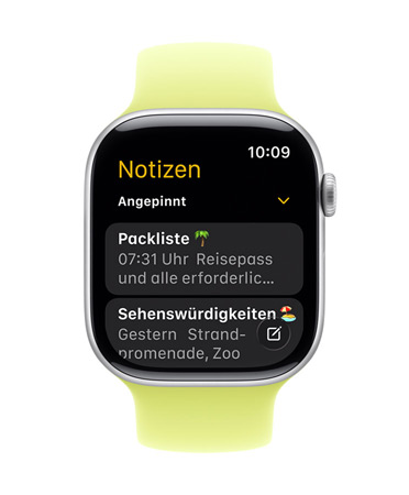 Apple Watch Series 11, das Zifferblatt zeigt die Notizen App mit zwei angepinnten Notizen