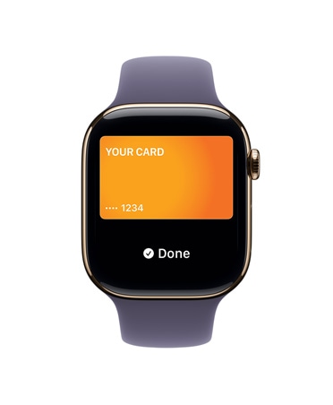 Apple Watch Series 11, toonis gold, titaanist korpus, Apple Pay, parem väliskülg, Digital Crown, udulilla Sport Band