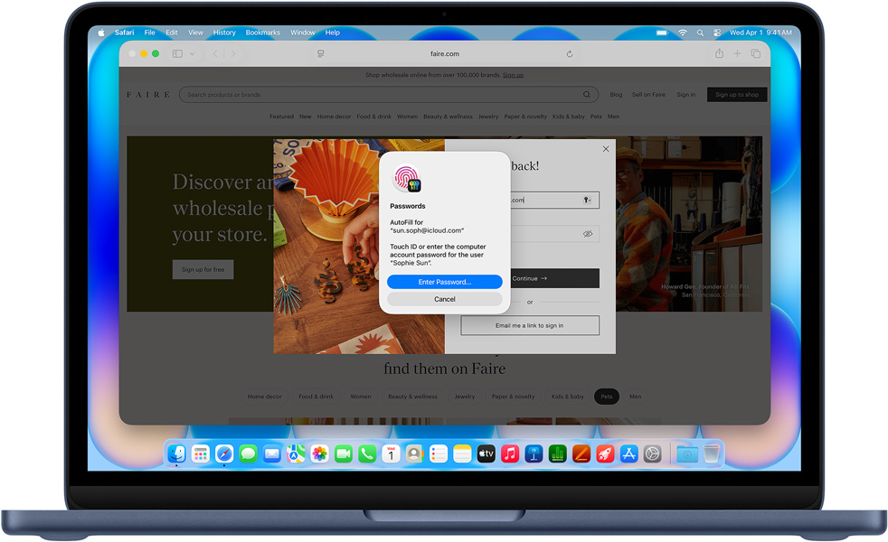 Indigo toonis MacBook Neo, Safari palub kasutajal logida sisse Touch ID või parooliga veebisaidile pealkirjaga „Community Care Clinic“