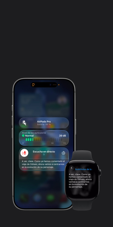 Pantalla de un iPhone 17 Pro que muestra una sesión activa de Escucha en Directo con un pie de foto del audio grabado y pantalla de un Apple Watch Series 11 que muestra Subtítulos en Vivo del mismo audio
