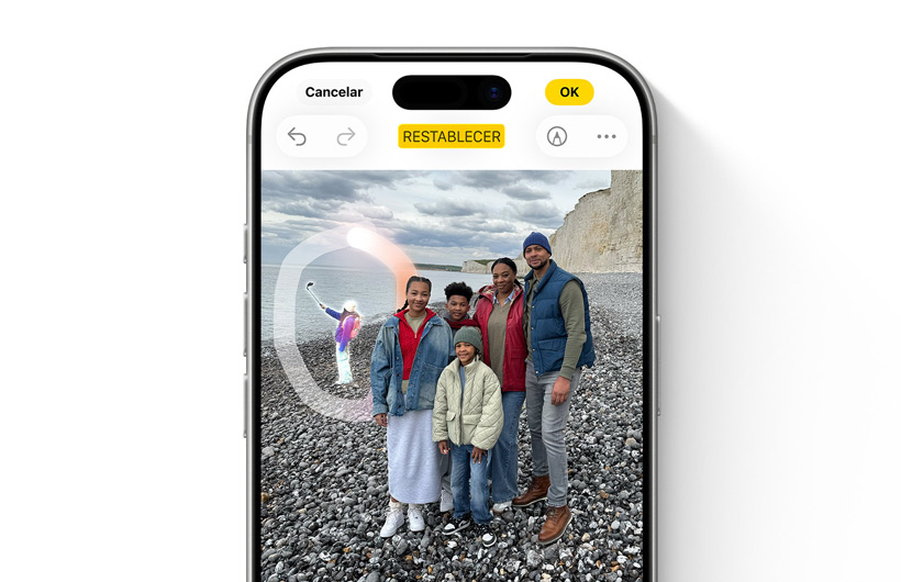 La interfaz de usuario de la herramienta Limpiar muestra un objeto resaltado en el fondo de una foto que se ha seleccionado para eliminarlo