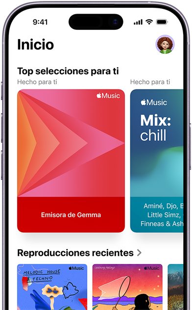 La pestaña Inicio de Apple Music en un iPhone, con el carrusel Top Selecciones para Ti, en el que se ven las emisoras y listas de reproducción personalizadas de Elena Alonso