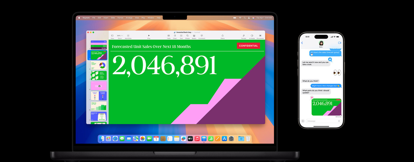 Eine Präsentation wird auf einem Mac Display gezeigt. Ein Textnachrichtengespräch verweist auf die Präsentation.