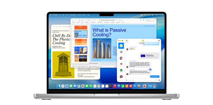Dimostrazione di app come Microsoft PowerPoint, Messaggi e Pages su MacBook Pro 14 pollici.