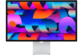 Front of Studio Display with colorful ribbon-like wallpaper