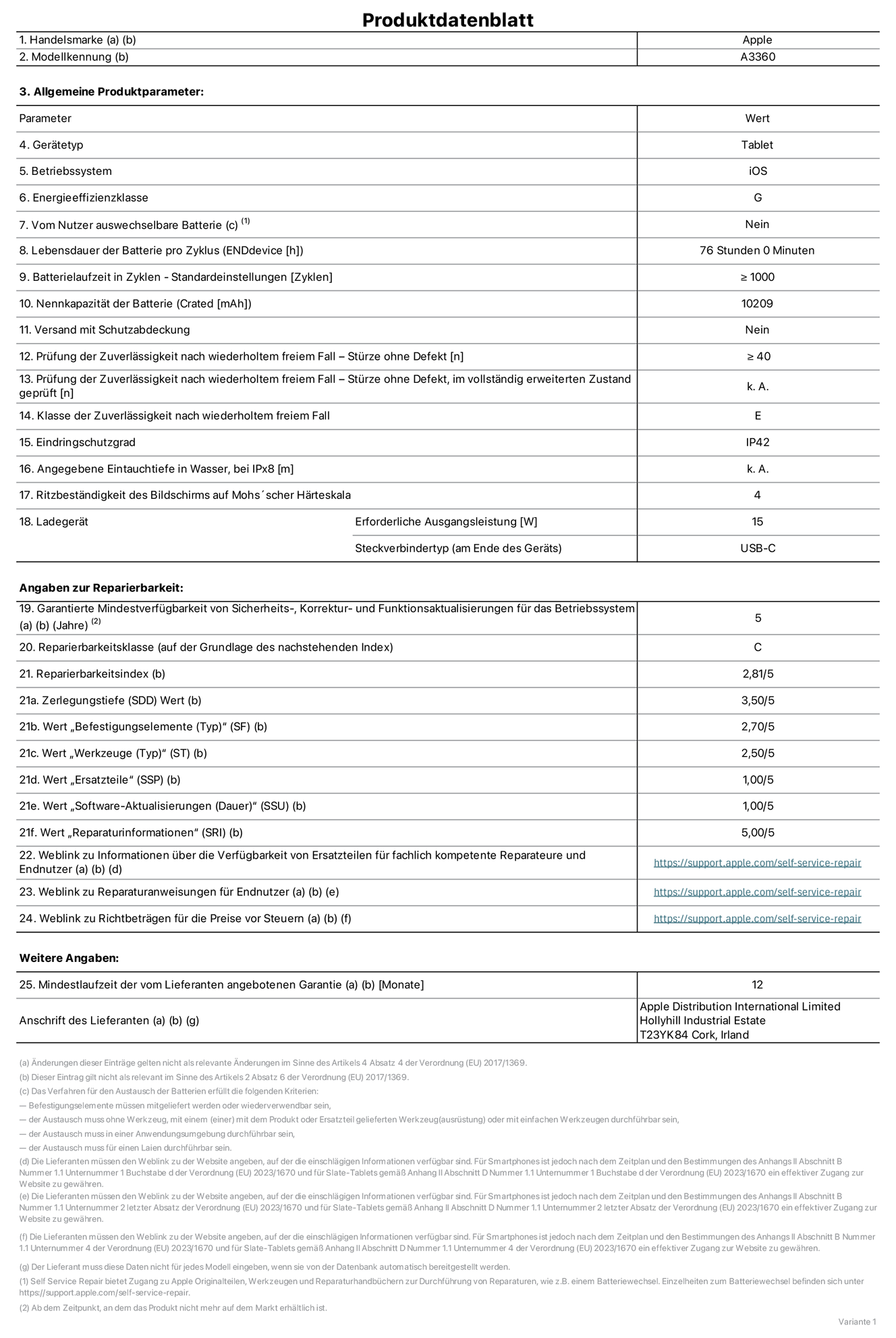 Produktinformationsblatt für 13" iPad Pro (Wi‑Fi), Modell A2836. Bereitgestellt von Apple Distribution International Limited, Hollyhill Industrial Estate. Cork, Irland, T23 YK84. Gerätetyp: Tablet. Betriebssystem: iOS. Energieeffizienzklasse: G. Vom Benutzer auswechselbare Batterie: nein. Batterielaufzeit pro Zyklus: 76 Std. Batterielaufzeit in Zyklen – Standardeinstellungen: ≥ 1.000. Nennkapazität der Batterie: 10.209 mAh. Versand mit Schutzabdeckung: nein. Prüfung der Zuverlässigkeit nach wiederholtem freiem Fall – Stürze ohne Defekt: ≥ 40. Prüfung der Zuverlässigkeit nach wiederholtem freiem Fall – Stürze ohne Defekt, im vollständig erweiterten Zustand geprüft: nicht zutreffend. Klasse der Zuverlässigkeit nach wiederholtem freiem Fal: E. Eindringschutzgrad: IP42. Angegebene Eintauchtiefe in Wasser, bei iPx8: nicht zutreffend. Ritzbeständigkeit des Displays auf Mohs’scher Härteskala: 4. Erforderliche Ausgangsleistung des Ladegeräts: 5 W. Anschluss Ladegerät (am Ende des Geräts): USB‑C. Garantierte Mindestverfügbarkeit von Sicherheits‑, Korrektur‑ und Funktionsaktualisierungen für das Betriebssystem: 5 Jahre. Reparierbarkeitsklasse: C. Reparierbarkeitsindex: 2,81/5. Wert „Zerlegungstiefe“ (SDD): 3,50/5. Wert „Befestigungselemente“: 2,70/5. Wert „Werkzeuge“: 2,50/5. Wert „Ersatzteile“: 1,00/5. Wert „Software-Aktualisierungen“: 1,00/5. Wert „Reparaturinformationen“: 5,00/5. Weblink zu Informationen über die Verfügbarkeit von Ersatzteilen für fachlich kompetente Reparaturanbieter und Endnutzer:innen: https://support.apple.com/self-service-repair. Weblink zu Reparaturanweisungen für Endnutzer:innen: https://support.apple.com/self-service-repair. Weblink zu Richtbeträgen für die Preise vor Steuern: https://support.apple.com/self-service-repair. 12 Monate angebotene allgemeine Garantie.