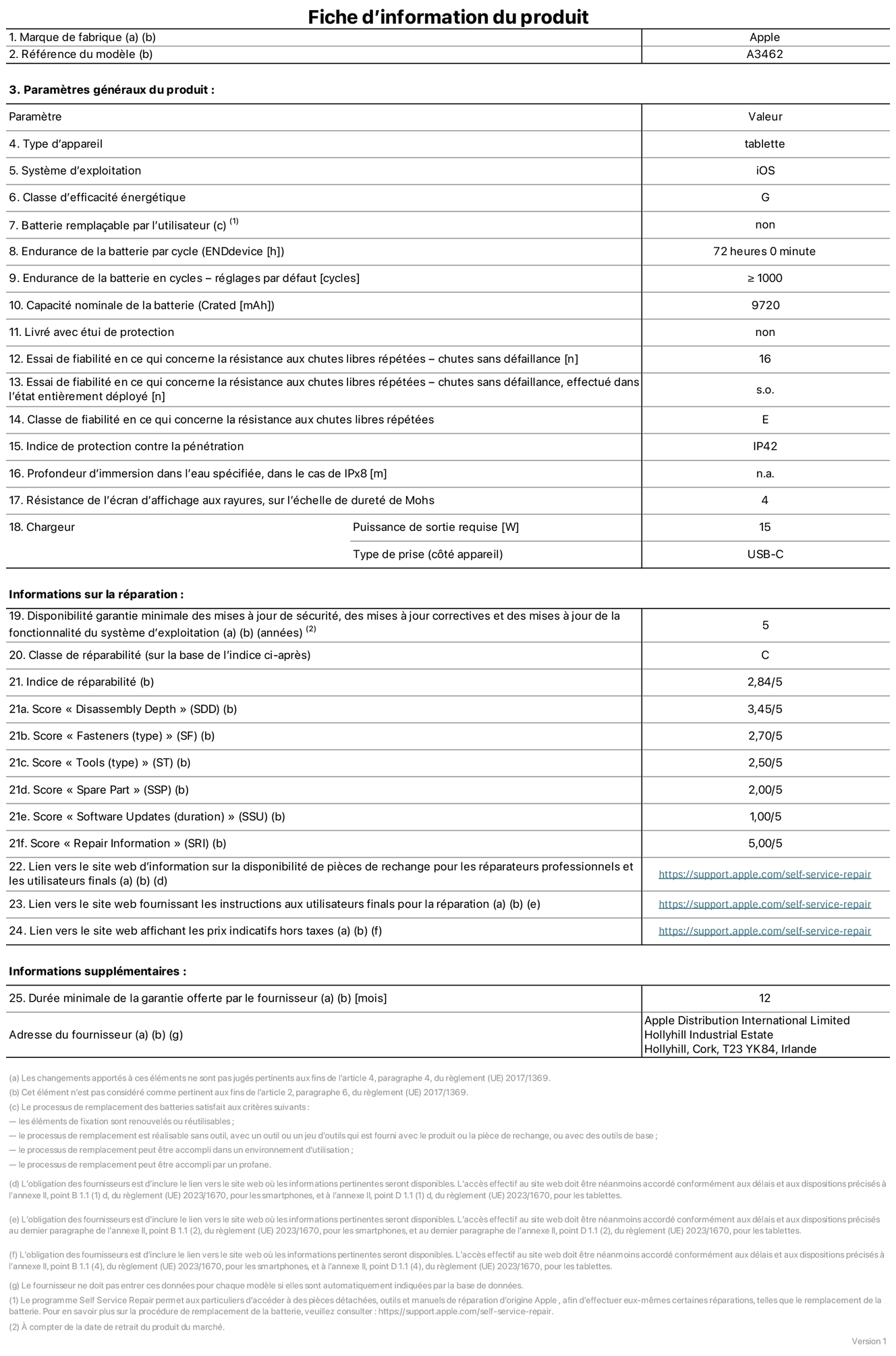 Fiche d’informations produit de l’iPad Air 13 pouces Wi‑Fi + Cellular, modèle A3462. Fournie par Apple Distribution International Limited, Hollyhill Industrial Estate. Cork, T23 YK84, Irlande. Type d’appareil : tablette. Système d’exploitation : iOS. Classe d’efficacité énergétique : G. Batterie remplaçable par l’utilisateur : non. Endurance de la batterie par cycle : 72 heures. Endurance de la batterie en cycles – réglages par défaut : supérieure ou égale à 1 000. Capacité nominale de la batterie : 9 720 mAh. Livré avec étui de protection : non. Essai de fiabilité en ce qui concerne la résistance aux chutes libres répétées – chutes sans défaillance : 16. Essai de fiabilité en ce qui concerne la résistance aux chutes libres répétées – chutes sans défaillance, effectué dans l’état entièrement déployé : non applicable. Classe de fiabilité en ce qui concerne la résistance aux chutes libres répétées : E. Indice de protection contre la pénétration : IP42. Profondeur d’immersion dans l’eau spécifiée, dans le cas de l’IPx8 : non applicable. Résistance de l’écran d’affichage aux rayures sur l’échelle de dureté de Mohs : 4. Puissance de sortie requise du chargeur : 15 W. Type de prise (côté appareil) : USB‑C. Disponibilité garantie minimale des mises à jour de sécurité, des mises à jour correctives et des mises à jour de la fonctionnalité du système d’exploitation : 5 ans. Classe de réparabilité : C. Indice de réparabilité : 2,84/5. Score pour la profondeur de désassemblage (SDD) : 3,45/5. Score pour les éléments de fixation : 2,70/5. Score pour les outils : 2,50/5. Score pour les pièces de rechange : 2,00/5. Score pour la mise à jour des logiciels : 1,00/5. Score pour les informations concernant la réparation : 5,00/5. Lien vers le site web d’information sur la disponibilité des pièces de rechange pour les réparateurs professionnels et les utilisateurs finals : https://support.apple.com/self-service-repair. Lien vers le site web fournissant les instructions aux utilisateurs finals pour la réparation : https://support.apple.com/self-service-repair. Lien vers le site web affichant les prix indicatifs hors taxes : https://support.apple.com/self-service-repair. Garantie générale de 12 mois offerte.
