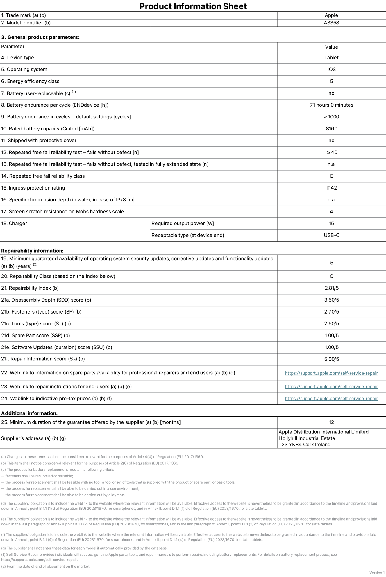 Product information sheet for 11-inch iPad Pro M5 Wi‑Fi + Cellular, model A3358. Supplied by Apple Distribution International Limited, Hollyhill Industrial Estate. Cork, Ireland, T23 YK84. Device type: tablet. Operating system: iOS. Energy efficiency class: G. Battery user-replaceable: no. Battery endurance per cycle: 71 hours. Battery endurance in cycles — default settings: greater than or equal to 1,000. Rated battery capacity: 8,160 milliampere-hours. Shipped with protective cover: no. Repeated free fall reliability test — falls without defect: greater than or equal to 40. Repeated free fall reliability test — falls without defect tested in fully extended state: not applicable. Repeated free fall in reliability class: E. Ingress protection rating: IP42. Specified immersion depth in water, in case of iPx8: not applicable. Screen scratch resistance on Mohs hardness scale: 4. Charger required output power: 15 watts. Charger receptacle type (at device end): USB-C. Minimum guaranteed availability of operating system security updates, corrective updates and functionality updates: 5 years. Repairability class: C. Repairability index: 2.81/5. Disassembly Depth (SDD) score: 3.50/5. Fasteners score: 2.70/5. Tools score: 2.50/5. Spare part score: 1.00/5. Software updates score: 1.00/5. Repair information score: 5.00/5. Weblink to information on spare parts availability for professional repairers and end-users: https://support.apple.com/self-service-repair. Weblink to repair instructions for end-users: https://support.apple.com/self-service-repair. Weblink to indicative pre-tax prices: https://support.apple.com/self-service-repair. 12-month general guarantee offered.