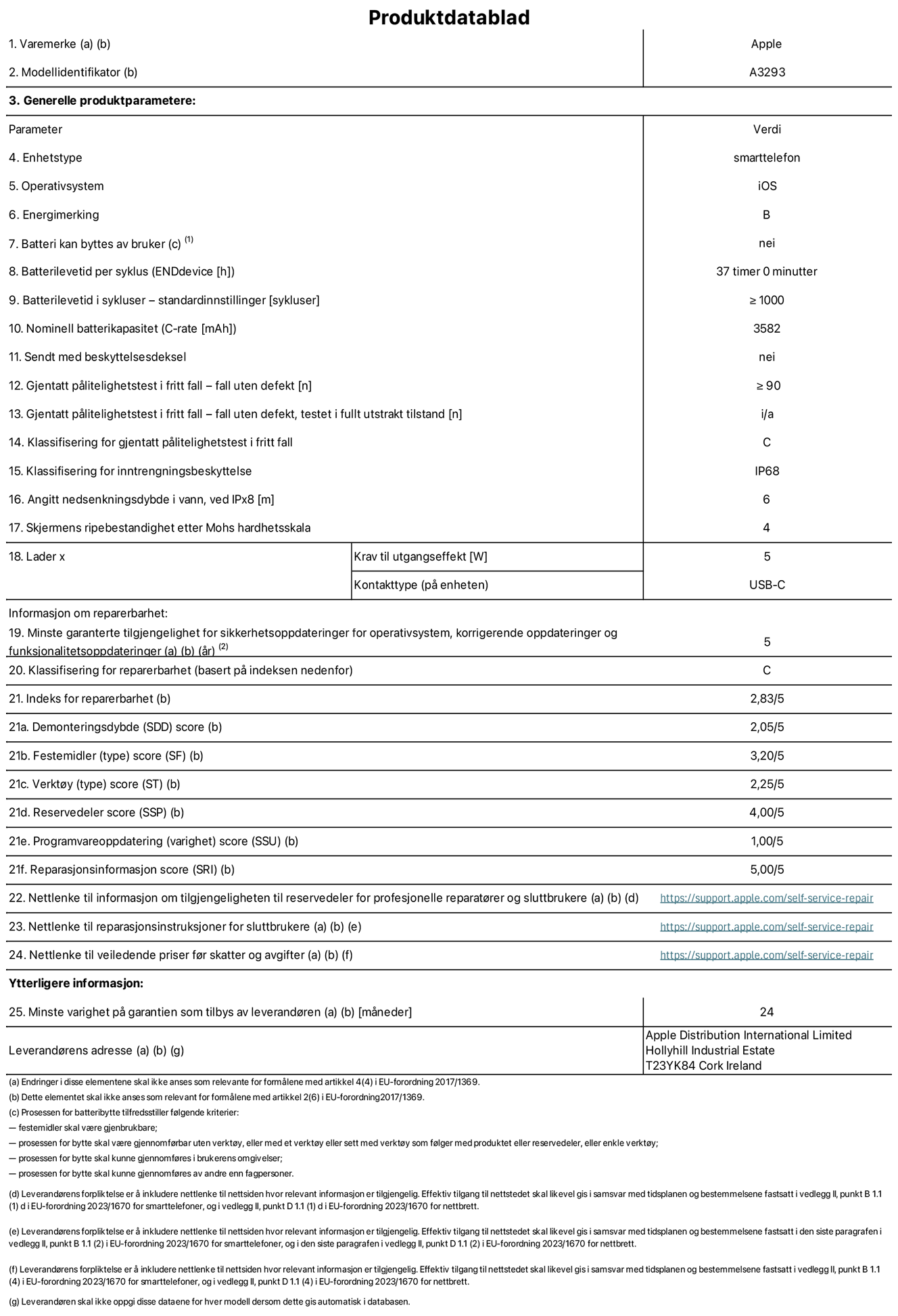 Produktdatablad for iPhone 16 Pro – modell A3293. Levert av Apple Distribution International Limited, Hollyhill Industrial Estate. Cork, Irland T23 YK84. Enhetstype: smarttelefon. Operativsystem: iOS. Energieffektivitetsklasse: B. Batteriet kan byttes av brukeren: nei. Batteriets holdbarhet per ladesyklus: 37 timer. Batteriets holdbarhet i antall ladesykluser – standardinnstillinger: ≥ 1000. Nominell batterikapasitet: 3582 mAh. Leveres med beskyttelsesdeksel: nei. Holdbarhetstest ved gjentatte fall – antall fall uten feil: ≥ 90. Holdbarhetstest ved gjentatte fall – antall fall uten feil i helt utfoldet tilstand: ikke aktuelt. Holdbarhetsklasse ved gjentatte fall: C. Kapslingsgrad: IP68. Angitt nedsenkingsdybde i vann ved IPx8: 6. Skjermens ripefasthet på Mohs skala: 4. Krav til laderens utgangseffekt: 5 watt. Laderens stikkontakt (på enhetssiden): USB-C. Minstegaranti for tilgang på sikkerhetsoppdateringer, feilrettinger og funksjonsoppdateringer til operativsystemet: 5 år. Reparerbarhetsklasse: C. Reparerbarhetsindeks: 2,83/5. Demontering: 2,05/5. Festeanordninger: 3,20/5. Verktøy: 2,25/5. Reservedeler: 4,00/5. Programvareoppdateringer: 1,00/5. Informasjon om reparasjon: 5,00/5. Lenke til informasjon om tilgjengelighet for reservedeler for profesjonelle reparatører og sluttbrukere: https://support.apple.com/self-service-repair. Lenke til reparasjonsveiledning for sluttbrukere: https://support.apple.com/self-service-repair. Lenke til veiledende priser ekskl. mva: https://support.apple.com/self-service-repair. Produktet omfattes av en 12-måneders generell garanti.
