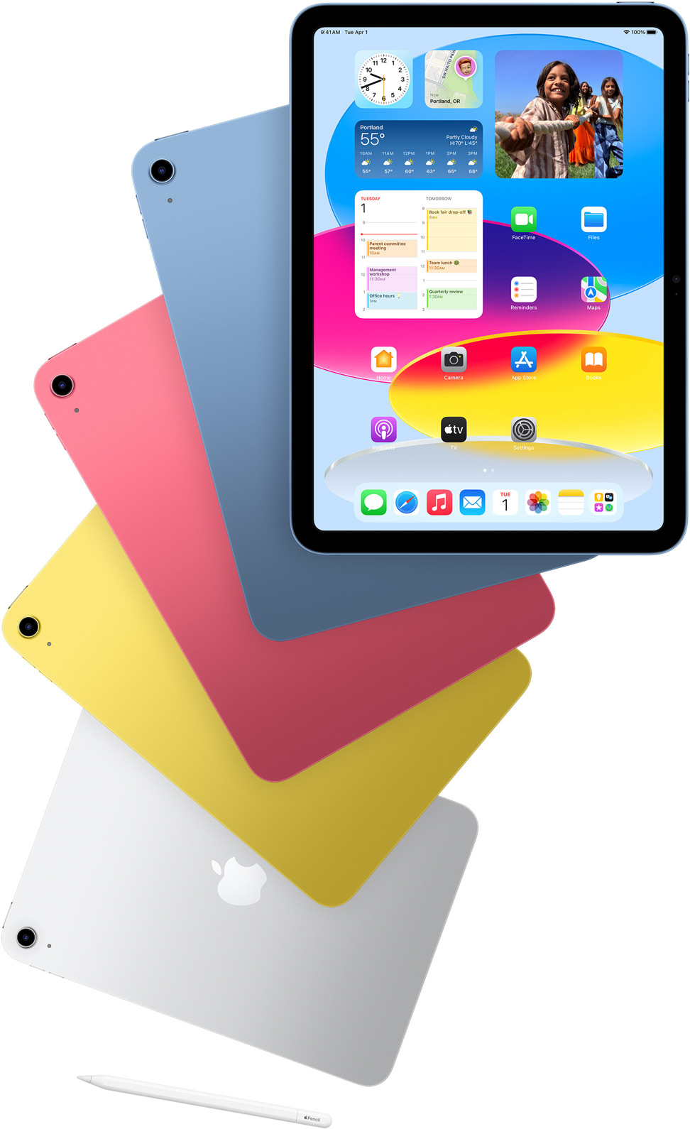 Front view iPad shows the Home Screen with blue, pink, yellow and silver rear-facing iPads. An Apple Pencil sits near the arranged iPad models.