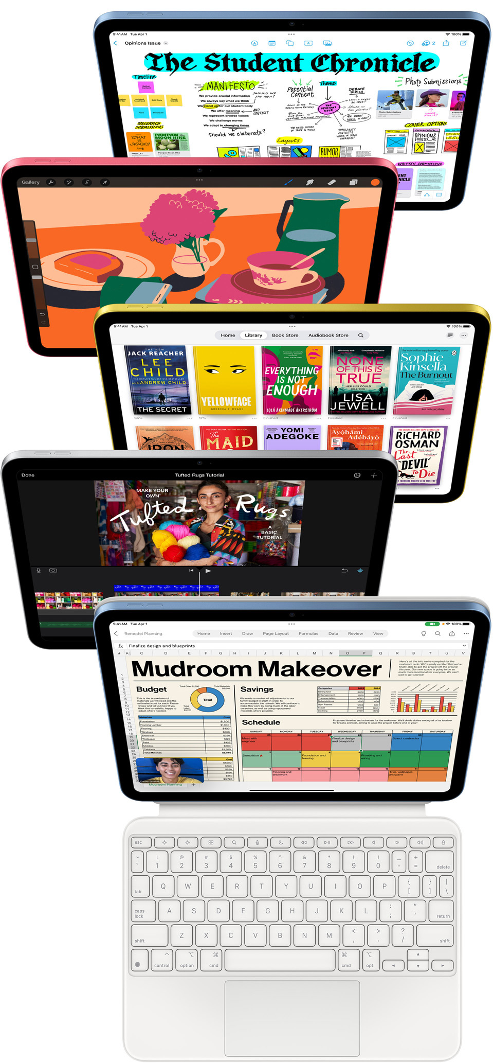 Edestä kuvatuilla iPad-näytöillä näkyy erilaisia appeja, kuten Freeform, ProCreate, Kirjat, iMovie ja Microsoft Excel ja Webex Meetings.