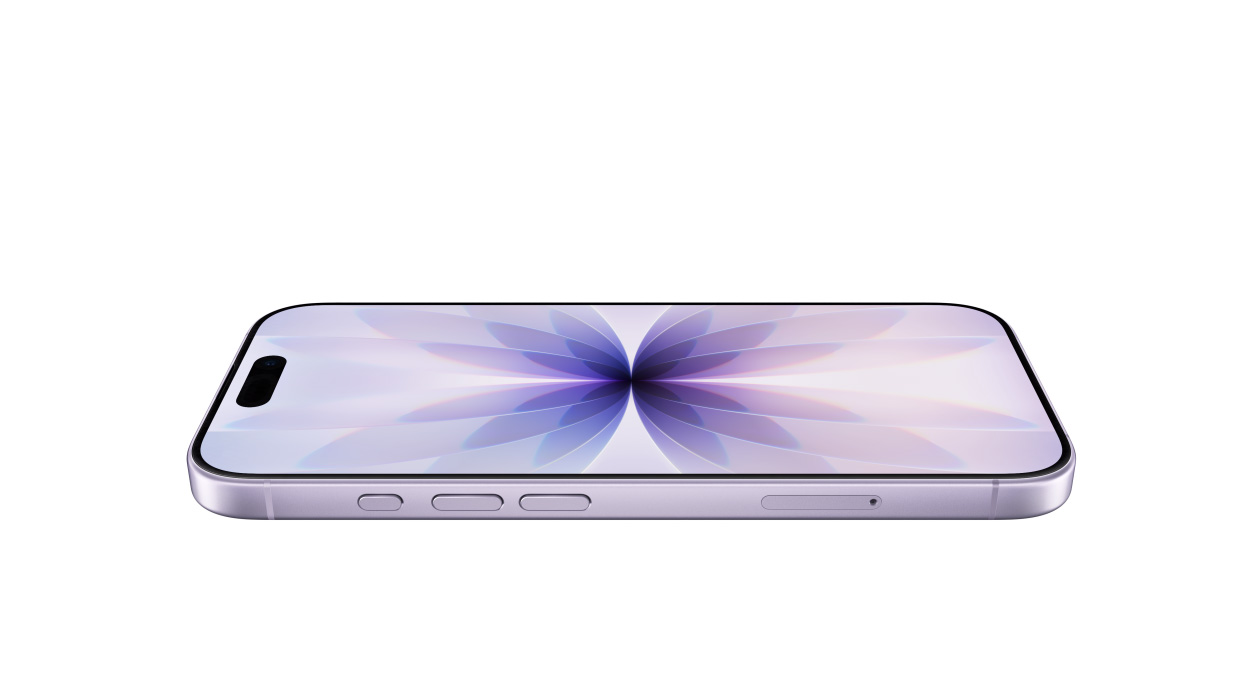 iPhone 17, face avant avec Ceramic Shield, face latérale, coloris lavande, bouton Action, boutons de réglage du volume, Dynamic Island centré au sommet