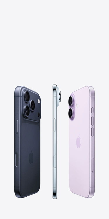Un iPhone 17 Pro mostrato da dietro, con sistema di fotocamere Pro Fusion che occupa la parte superiore; un iPhone Air, con profilo sottilissimo in titanio; un iPhone 17 mostrato da dietro, con sistema a doppia fotocamera evoluto nell’angolo in alto a sinistra