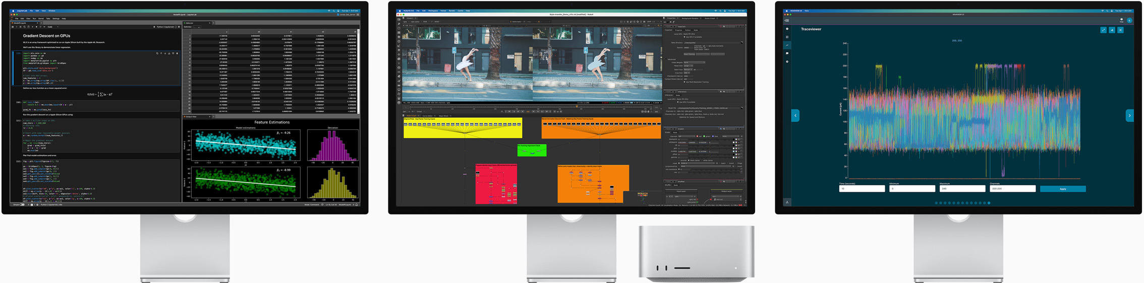 Mac Studio and three Studio Displays, all featuring different macOS apps on screen