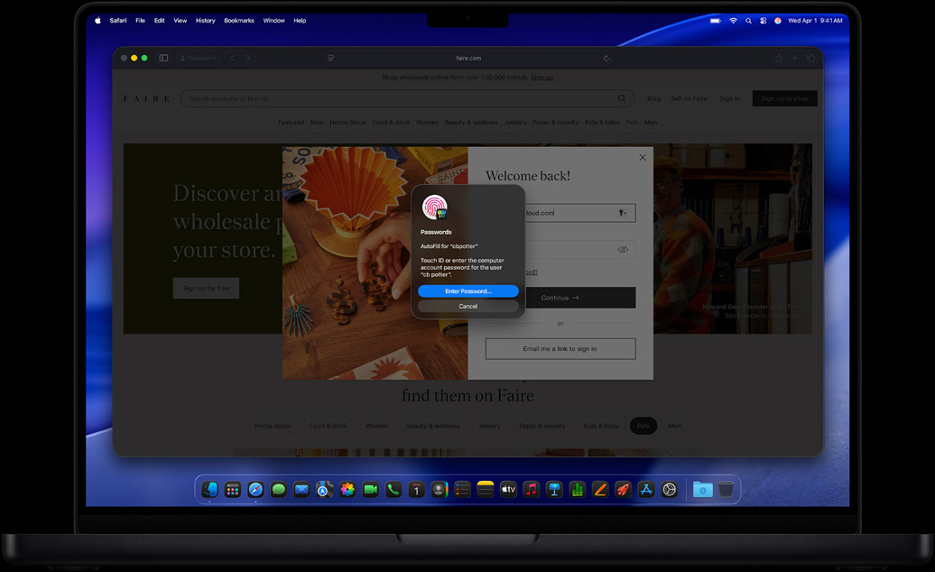 En användare som surfar i Safari uppmanas att logga in på en sajt med Touch ID