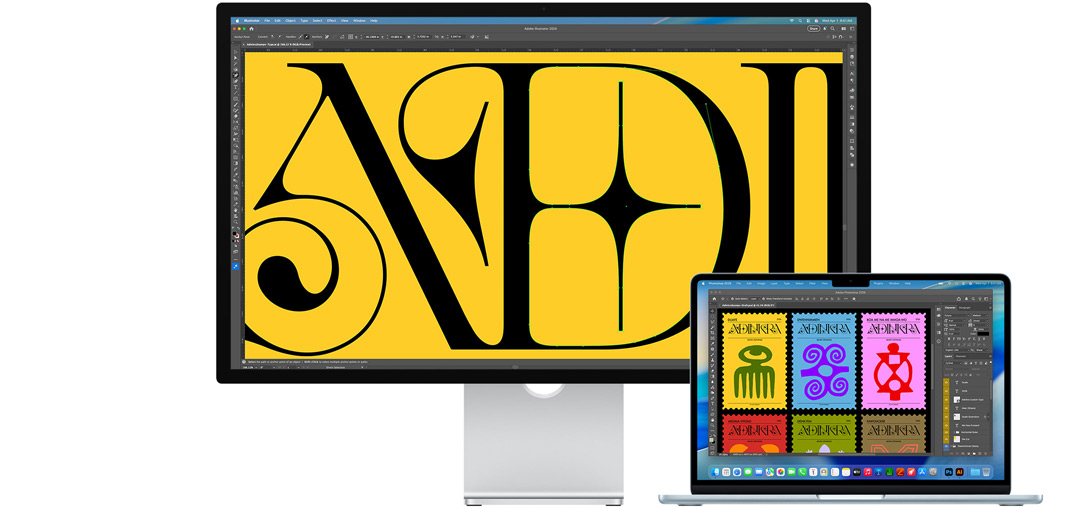 Studio Displayssa ja Mac-kannettavassa on esillä projekti, jota työstetään useissa Adobe-ohjelmissa, Studio Displayssa on esillä lähikuva mustasta tekstistä värikylläistä keltaista taustaa vasten, heijastusta vähentävä pinnoite auttaa vähentämään häikäisyä