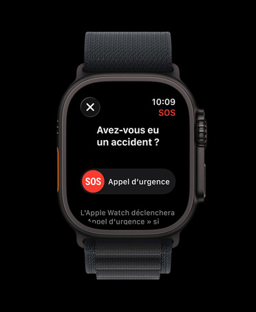 Apple Watch Ultra 3, finition noire, boîtier en titane, notification de détection d’un accident, invite d’appel d’urgence, Boucle Alpine, coloris noir