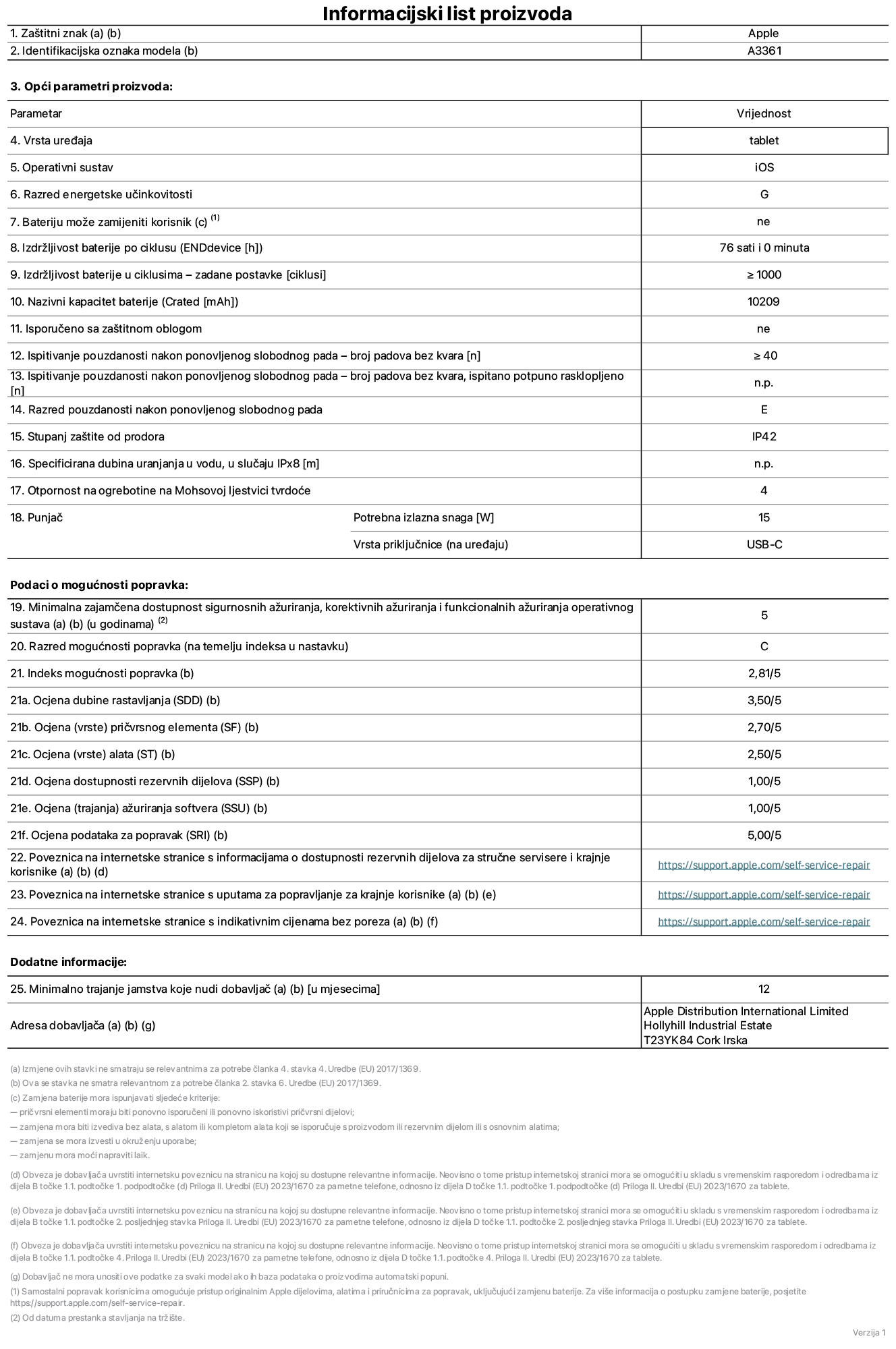 List s informacijama o proizvodu za 13-inčni iPad Pro M5 Wi-Fi + Cellular, model A3361. Isporučuje Apple Distribution International Limited, Hollyhill Industrial Estate. Cork, Irska, T23 YK84. Vrsta uređaja: tablet. Operativni sustav: iOS. Klasa energetske učinkovitosti: G. Baterija koju može zamijeniti korisnik: ne. Trajanje baterije po ciklusu: 76 sati. Trajanje baterije u ciklusima – zadane postavke: 1000 ili više. Nazivni kapacitet baterije: 10.209 mAh Isporučeno sa zaštitnom maskom: ne. Test pouzdanosti pri višekratnim slobodnim padovima – broj padova bez kvara: 40 ili više. Test pouzdanosti pri višekratnim slobodnim padovima – broj padova bez kvara testiranih u potpuno proširenom stanju: nije primjenjivo. Klasa pouzdanosti pri višekratnim slobodnim padovima: E. Ocjena zaštite od prodiranja: IP42. Specificirana dubina uranjanja u vodu u slučaju ocjene iPx8: nije primjenjivo. Otpornost na grebanje zaslona na Mohsovoj ljestvici tvrdoće: 4. Potrebna izlazna snaga punjača: 15 W. Vrsta utičnice punjača (na strani uređaja): USB-C. Minimalna zajamčena dostupnost sigurnosnih ažuriranja operativnog sustava, korektivnih ažuriranja i ažuriranja funkcija: 5 godina. Klasa popravljivosti: C. Indeks popravljivosti: 2,81/5. Ocjena dubine rastavljanja (SDD): 3,5/5. Ocjena pričvrsnih elemenata: 2,7/5. Ocjena alata: 2,5/5. Ocjena rezervnih dijelova: 1/5. Ocjena ažuriranja softvera: 1/5. Ocjena informacija o popravcima: 5/5. Poveznica koja vodi do informacija o dostupnosti rezervnih dijelova za profesionalne servisere i krajnje korisnike: https://support.apple.com/self-service-repair. Poveznica koja vodi do uputa za popravljanje za krajnje korisnike: https://support.apple.com/self-service-repair. Poveznica koja vodi do indikativnih cijena prije poreza: https://support.apple.com/self-service-repair. Ponuđeno je 12-mjesečno općenito jamstvo.