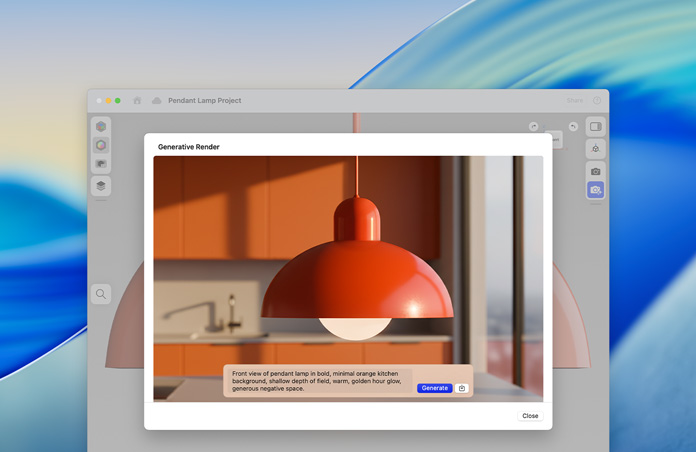 Az Image Playground képernyője egy mennyezeti lámpával és a generatív rendereléshez megadott szöveggel