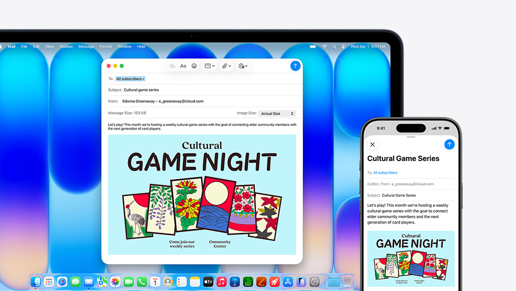 MacBook Neo, warna indigo, di samping iPhone, kedua layar menampilkan email yang sama, mengumumkan acara di pusat komunitas