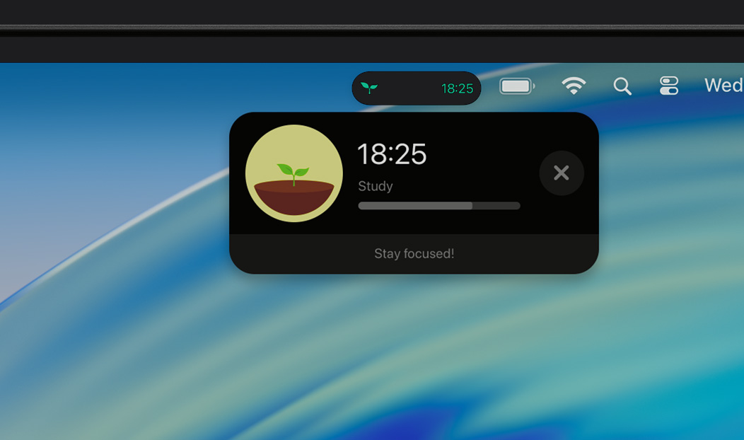 MacBook Pro, pemberitahuan Aktivitas Langsung menampilkan Forest sedang dalam perjalanan