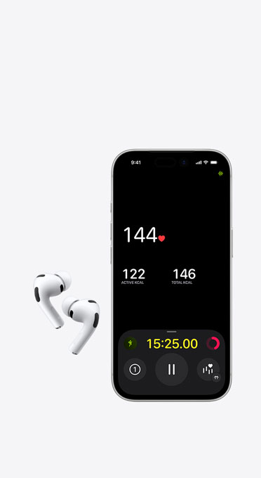 Left and Right wireless headphones next to iPhone with heart rate monitor on screen