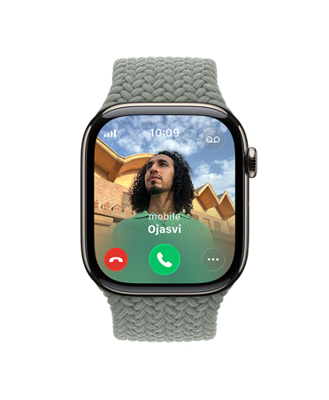 Apple Watch Series 11, natural colour, titanium case, incoming call, contact photo, accept and decline call buttons, right side exterior, Digital Crown, strap, green grey Braided Solo Loop