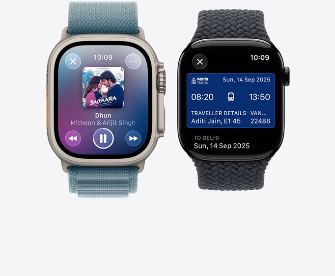 Apple Watch Ultra 3, titanium case, natural color, Apple Music app, now playing screen, Apple Watch Series 11,  aluminum case, polished jet black color, Apple Pay screen, Apple Card