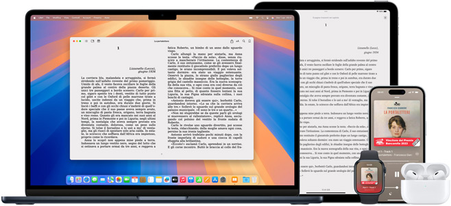 Un MacBook Pro e un iPad Air che mostrano una pagina dello stesso ebook nell’app Libri. I display di un Apple Watch e di un iPhone 15 che mostrano la copertina dello stesso audiolibro. Una custodia aperta che mostra entrambi gli auricolari AirPods Pro.