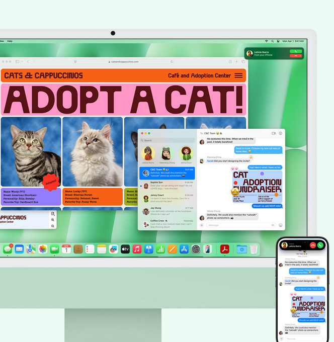 그린 iMac과 iPhone이 나란히 놓여 있고 두 화면 모두에 iPhone 통화 수신 알림과 메시지 앱의 동일한 텍스트 대화가 떠 있는 모습