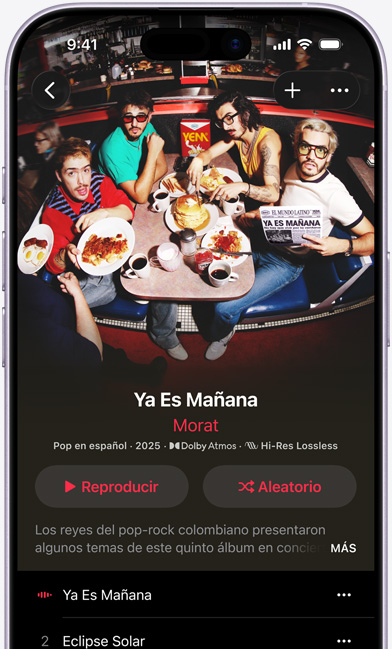 Pantalla de un iPhone que muestra el álbum 'Ya Es Mañana' de Morat en Apple Music