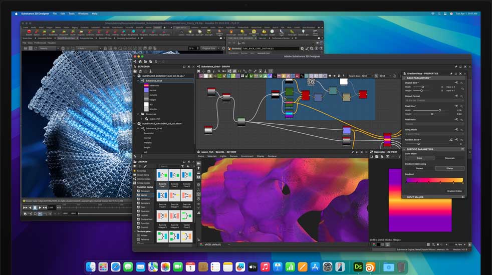 Pantalla que muestra una edición en Adobe Substance 3D Designer, Houdini y Redshift en una Mac Studio con chip M4 Max