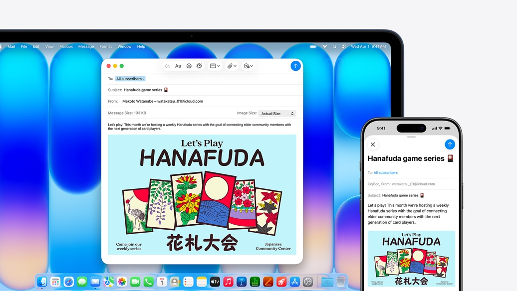 MacBook Neo indigo krāsā blakus iPhone, abos ekrānos redzams tas pats e-pasts, kurā tiek izziņots pasākums kopienas centrā