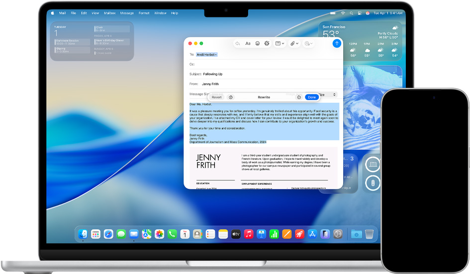 جهاز Mac يعرض أدوات الكتابة وجهاز iPhone يعرض رسائل مع ميزة الترجمة المباشرة