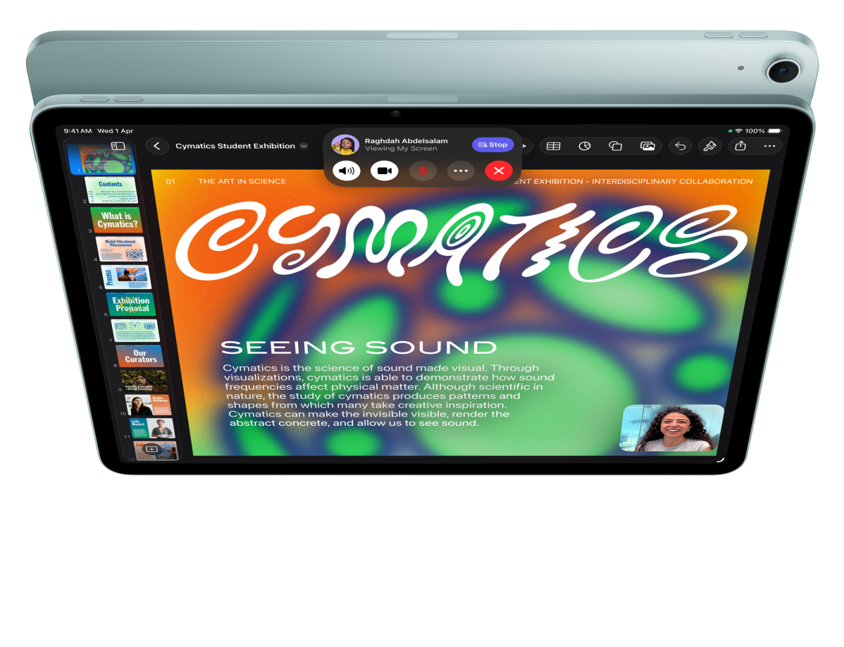 iPad Air, front exterior, user is on FaceTime and looking at Keynote in front of another iPad Air, back exterior