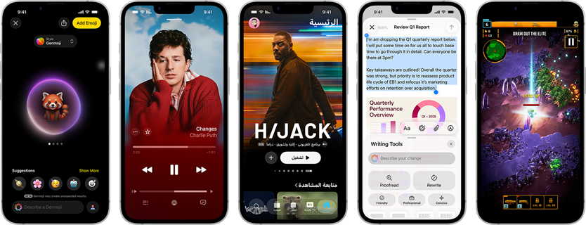 أجهزة iPhone 17e جنباً إلى جنب تعرض شاشات مختلفة: لعبة قيد التشغيل، وأدوات الكتابة، وتطبيق Apple TV، وتطبيق Apple Music، ورمز جنموجي يتم إنشاؤه.