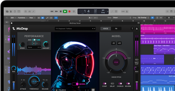 محتوى على شاشة يعرض برنامج MicDrop وهو يستخدم ميزات الذكاء الاصطناعي لتعديل تسجيل صوتي على MacBook Pro‏