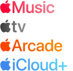 A list of Apple services: Apple Music, Apple Fitness Plus, Apple TV, Apple Arcade, and Apple iCloud Plus