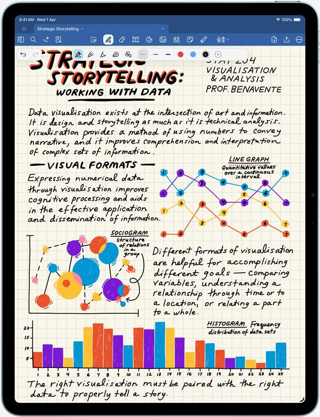 iPad Air in portrait orientation, notes and images on screen