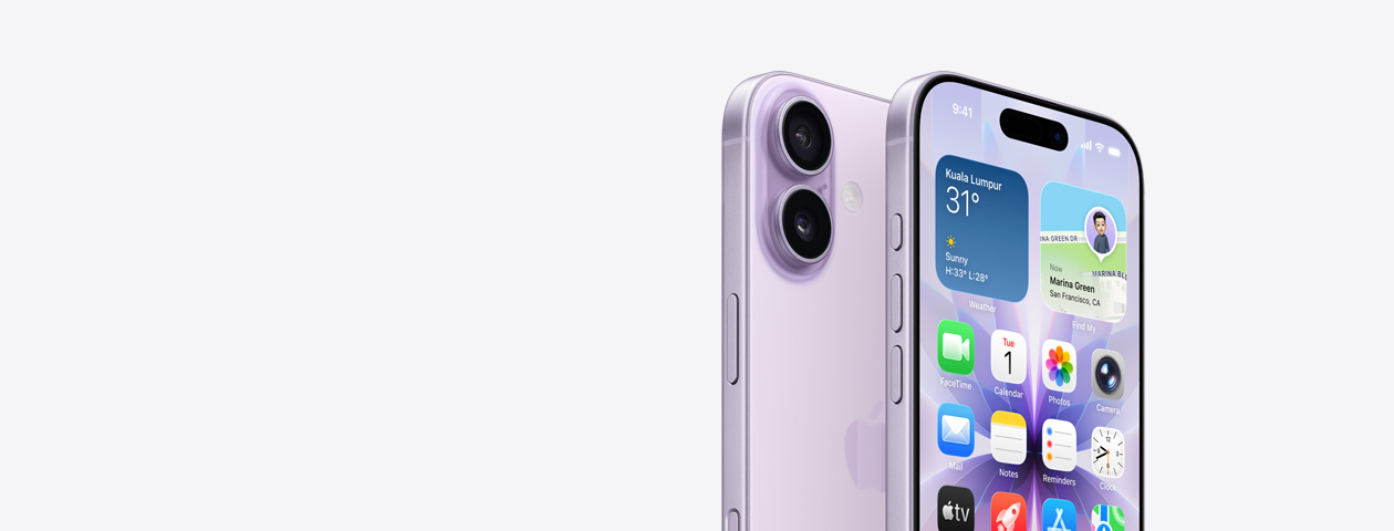 iPhone 17 in lavender finish, front exterior with partial home screen displayed, side angle shows - Action and volume buttons. Back exterior shows Dual Fusion Camera System in top left corner, camera control button