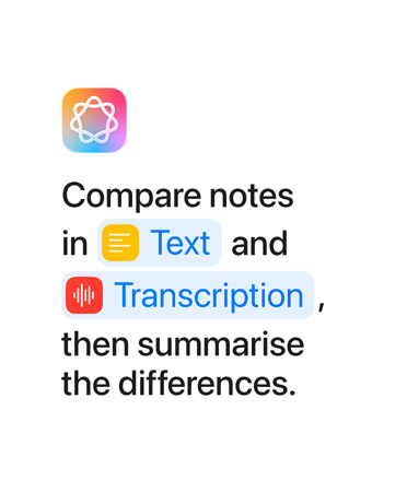 Compare notes in Text and Transcription then summarise the differences, with the words ’Text’ and ’Transcription’ highlighted in blue as they appear as they would in the Shortcuts app