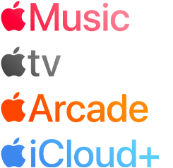 Apple subscription services logotypes including Apple Music, Fitness+, Apple TV+, Apple Arcade, iCloud+