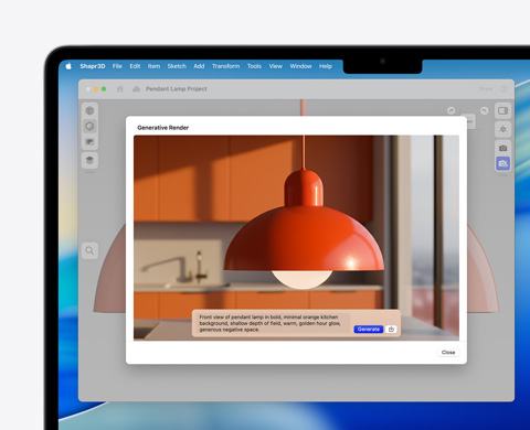Ekran aplikacji Image Playground z wygenerowanym obrazem wiszącej lampy i promptem